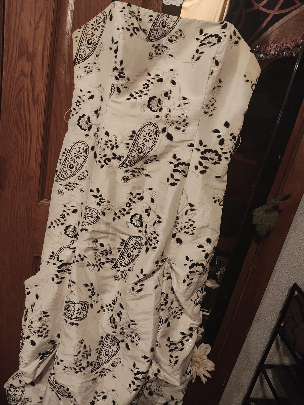 Morgan & Co. Strapless Cream Dress with Black Paisley Print